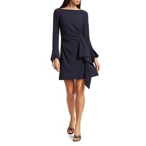 Jonathan Simkhai Crepe Ruffle Dress 4 Midnight Blue Boatneck Bell Sleeves $595